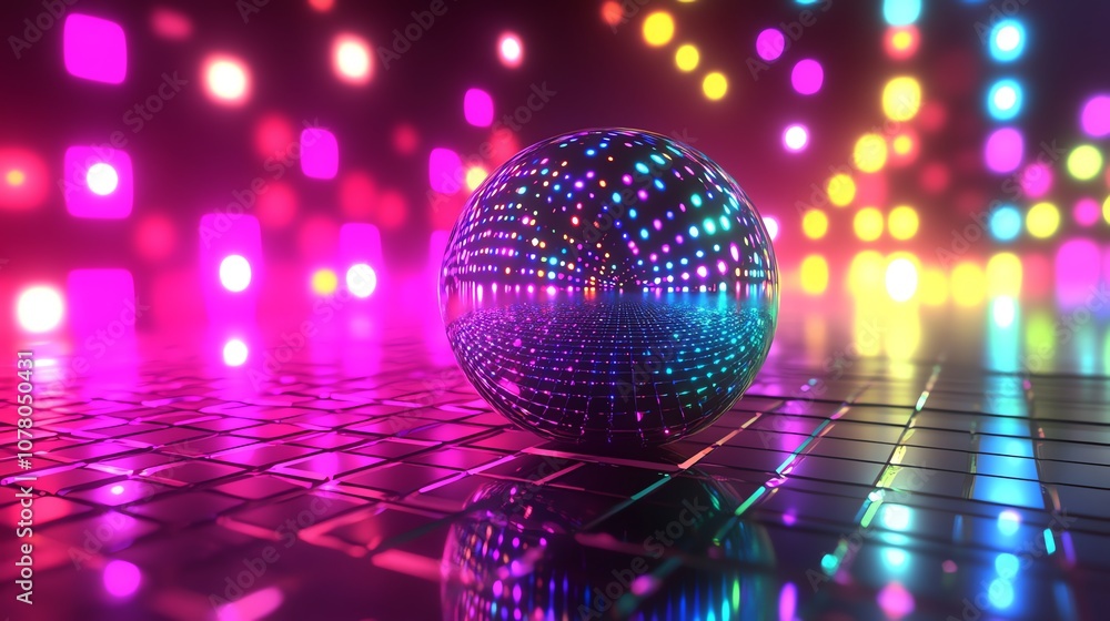 Poster a reflective sphere sits on a grid surface illuminated by colorful lights.