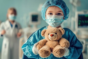 Child in medical attire with teddy bear in hospital, children healthcare concept