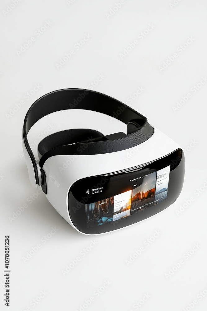 Poster white vr headset with screen displaying images.