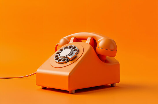 Orange retro phone on bright background. Home telephone creative art