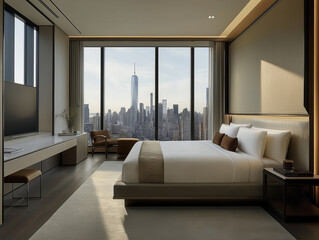 Fototapeta premium a luxurious hotel-style bedroom with wide windows and a daytime cityscape view