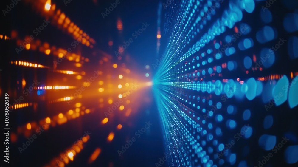 Poster abstract visual of blue and orange lights creating a dynamic, futuristic perspective.