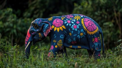 Obraz premium A vibrant elephant adorned with colorful floral patterns in a natural setting.