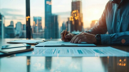 Businessperson writing notes on a document at sunset with cityscape in background.