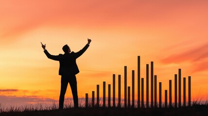 Fototapeta premium Businessman celebrating success against a vibrant sunset background with sound bars.