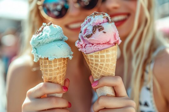 Two friends smile happily while holding pastel-colored ice cream cones. The beach atmosphere and warm sun highlight their joyful moment together