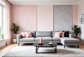 Scandinavian living room interior design zoom background,Doodle patterned wallpaper graphics