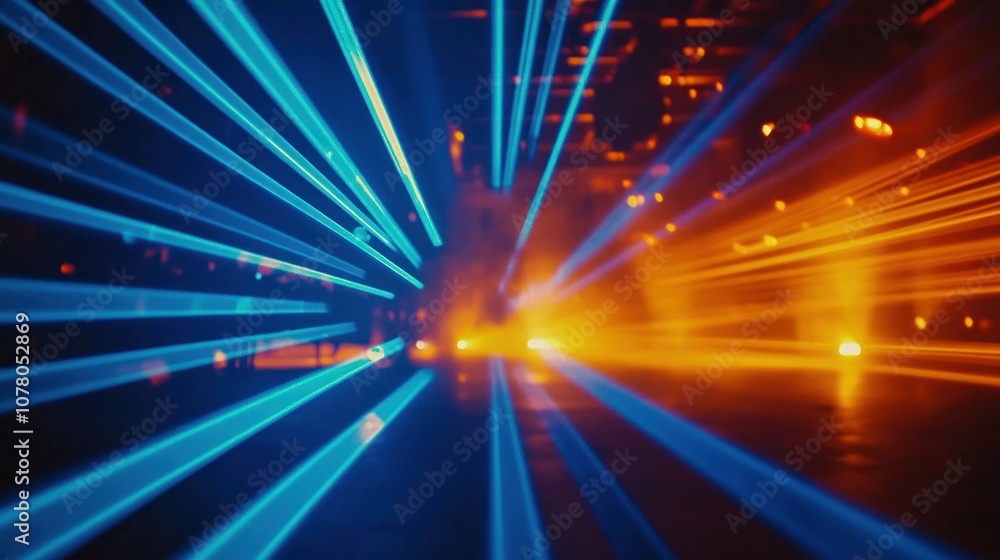 Aufkleber a vibrant display of blue and orange laser lights creating dynamic visual effects.
