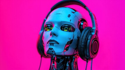 Fototapeta na wymiar A futuristic robot head wearing headphones against a vibrant pink background.
