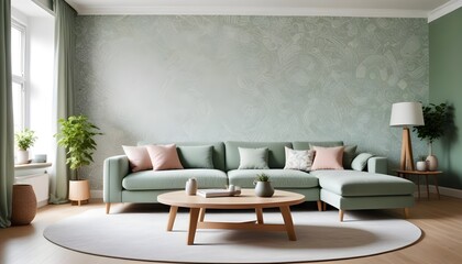 Scandinavian living room interior design zoom background,Doodle patterned wallpaper graphics