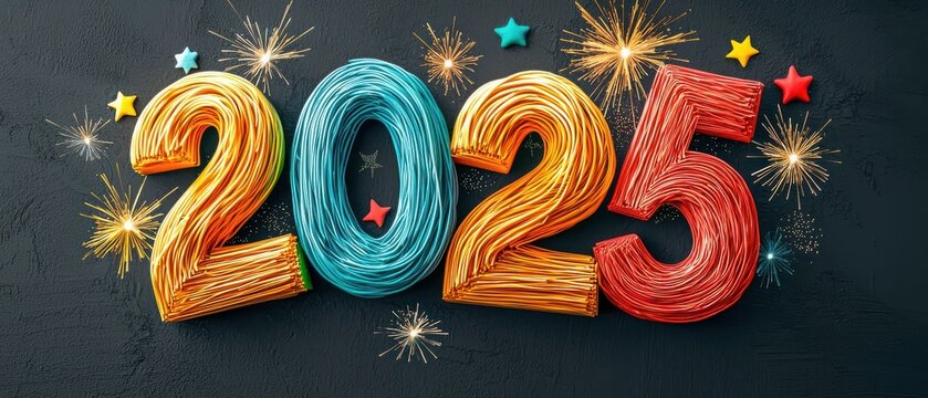 Colorful 2025 numbers with festive decorations and fireworks for New Year celebrations.