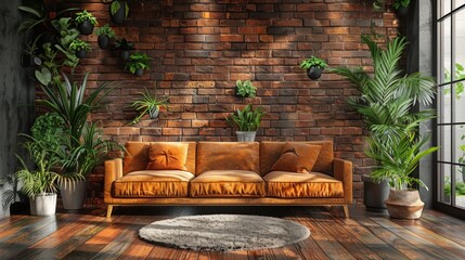 Orange sofa with pillows in front of brick wall with plants and a rug. AI generative. .