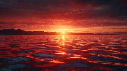 Fototapeta premium Water reflecting fiery sunset over mountain silhouettes. AI generative. .