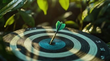 Bullseye:  A Green Arrow  Strikes  the Center of a  Target  Amidst  Nature's  Bountiful Greenery