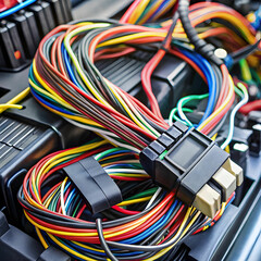 A detailed view of a vehicle's wiring harness, showcasing intricate connections and components essential for electrical systems.