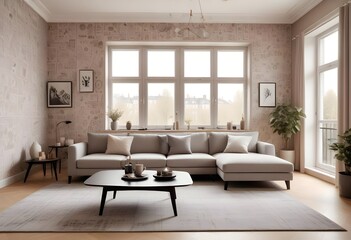Scandinavian living room interior design zoom background,Doodle patterned wallpaper graphics