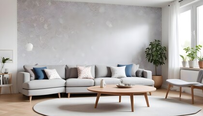 Scandinavian living room interior design zoom background,Doodle patterned wallpaper graphics