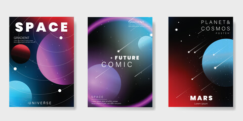 Planet and galaxy Space card vector set. Solar system with galaxy planets, asteroids, jupiter, saturn, mars, moon, ring line solar. Cosmic design for flyer, brochure, background, poster, cover.