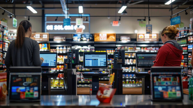 Customers utilize an AI-driven self-checkout system in a grocery store, enhancing their shopping experience with efficient transaction options