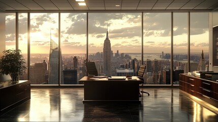 Fototapeta premium A modern office with a stunning city view, the perfect place to work with an inspiring backdrop.