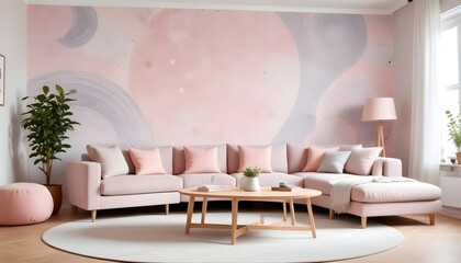 Scandinavian living room interior design zoom background,Doodle patterned wallpaper graphics
