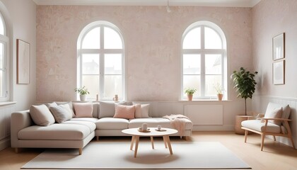 Scandinavian living room interior design zoom background,Doodle patterned wallpaper graphics