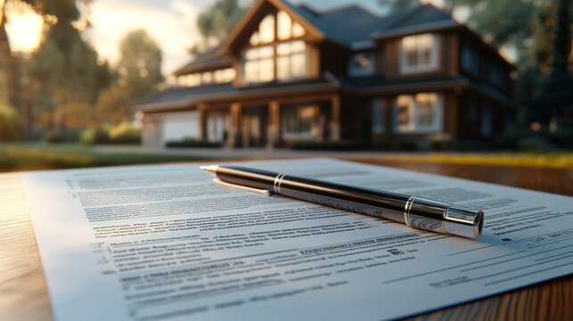 A pen rests on a real estate document in front of a house, symbolizing a property transaction.