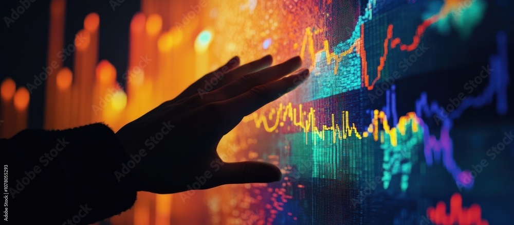 Aufkleber a hand reaching toward a digital financial graph displaying data trends and analytics.