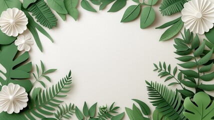 Fototapeta premium Elegant green foliage and flowers frame a blank space for creative designs and presentations.