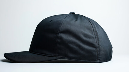 Side view of a plain black baseball cap with a curved brim on a neutral background, showcasing stitching details and minimalist design.