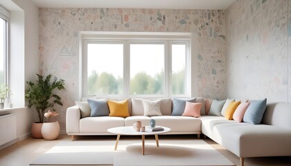 Scandinavian living room interior design zoom background,Doodle patterned wallpaper graphics