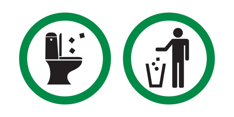 Keep clean toilet, icons set. Allowed throw rubbish, waste, garbage only in bin sign. Flushable wipes green sign. Symbols collection isolated on white background.