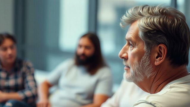 Reflective Senior Man in Group Therapy Session, Expressing Thoughtfulness and Emotional Connection - Powered by Adobe