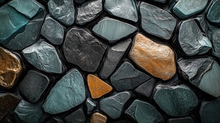 A close-up of various textured stones in different colors and shapes, creating a natural mosaic.