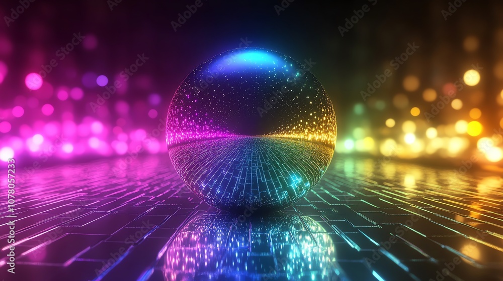Poster a shiny sphere reflecting a colorful abstract background.
