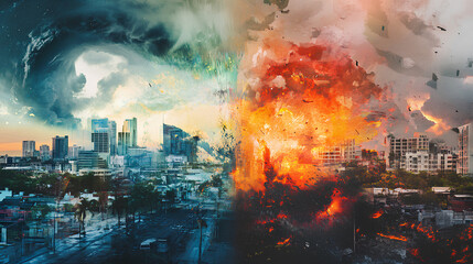 Fototapeta premium collage of extreme weather events, including hurricanes, tornadoes, and heatwaves, underscoring the increasing frequency and intensity of such events due to climate change. Climate change