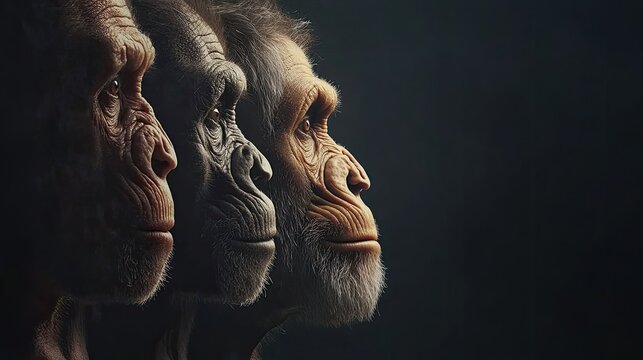 Three primates, their faces in profile, gaze forward against a dark background.