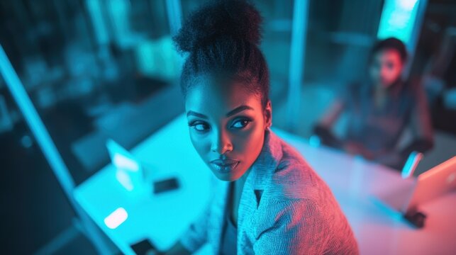 A collaborative fintech brainstorming session is led by an African-American woman in a tech office