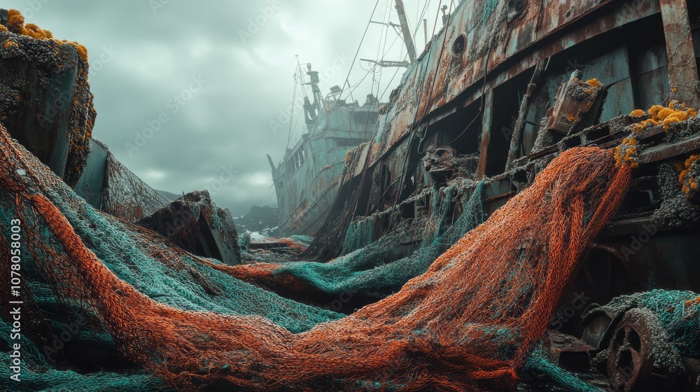 Poster A large ship is in the water with a net on it