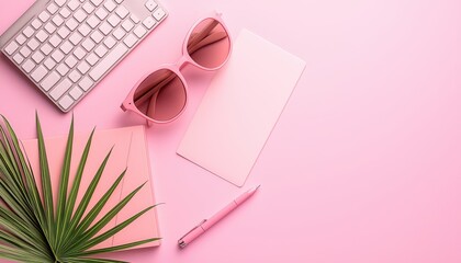 Stylish pink desk setup with sunglasses, keyboard, note, and plant for trendy aesthetic.
