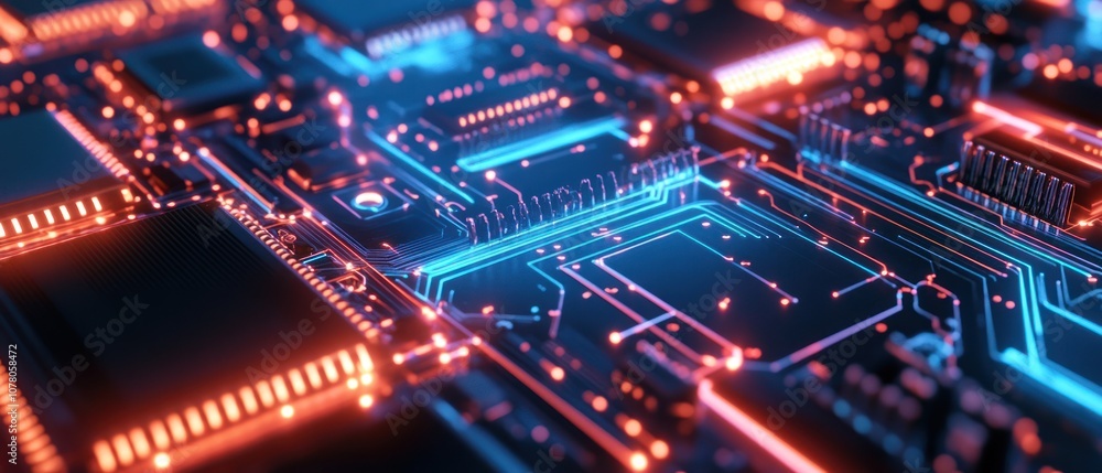 Poster a close-up view of a futuristic circuit board with glowing connections and components.