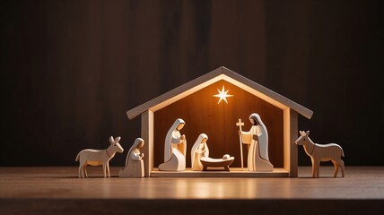 Elegant nativity scene with wooden figures depicting the birth of Jesus, beautifully illuminated for Epiphany celebration
