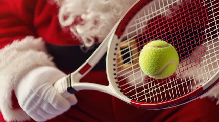 Fototapeta premium Santa Claus Playing Tennis with Racket and Ball Close-up of Santa Claus holding a tennis racket with a ball, blending holiday spirit with sports in a festive setting