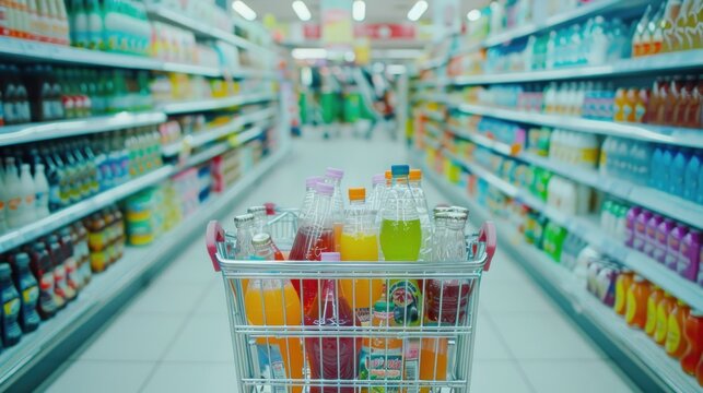A shopping cart brimming with sodas and juices navigates a cold drinks aisle in a vibrant supermarket under bright lighting