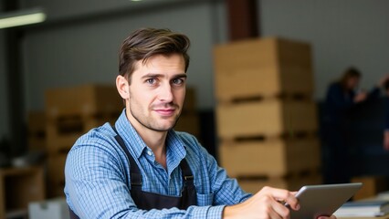 Young Man in Blue Apron Using Tablet in Warehouse Setting, Ideal for Business and Technology Concepts