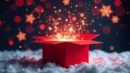 an opened red magic 3d box with golden rays flying from box. Festive Christmas backround with snowflakes. Christmas gift concept, retail promotions, Christmas sale offer, discount events