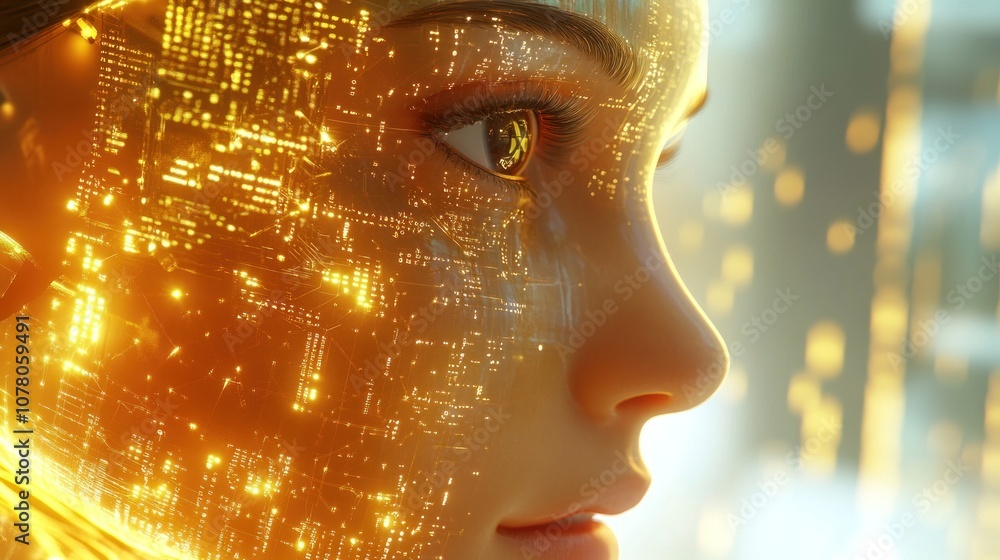 Poster a close-up of a futuristic face with glowing digital patterns, symbolizing technology and innovation