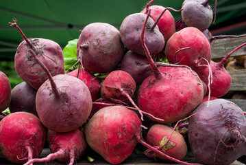 Harvested fresh Red roots on table .