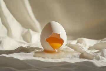 A single white egg with a cracked shell revealing a yolk, on a white linen background.