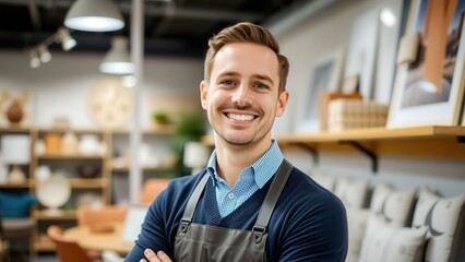 Fototapeta premium Happy Young Man in Apron Smiling in Modern Furniture Store, Perfect for Business or Lifestyle Marketing